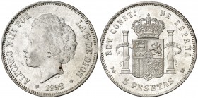1892*1892. Alfonso XIII. PGM. 5 pesetas. (AC. 100). Tipo "bucles". Rayitas. Parte de brillo original. 24,89 g. MBC/EBC-.