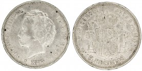 1893*-8-3. Alfonso XIII. PGL. 5 pesetas. (AC. 102). Golpecitos. 24,86 g. BC+.