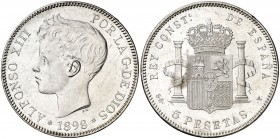 1898*1898. Alfonso XIII. SGV. 5 pesetas. (AC. 109). Leves rayitas. Brillo original. 25,20 g. EBC-.