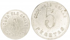 Badalona. Cooperativa "Els Grills". 1 y 5 pesetas. (AL. 766 y 767). 2 monedas. MBC/MBC+.