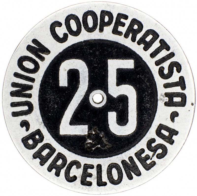 Barcelona. Unión Cooperatista Barcelonesa. 25 pesetas. (AL. 954). Contramarca: C...