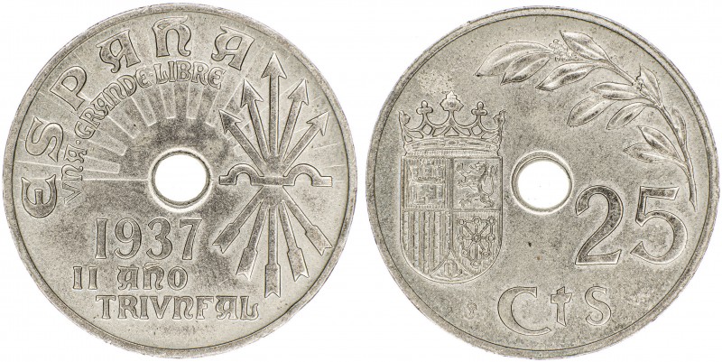 1937. Franco. SVV. 25 céntimos. (AC. 17). Golpecito. 7 g. S/C-.