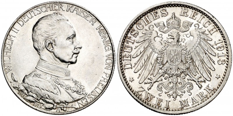 Alemania. Prusia. 1913. Guillermo II. A (Berlín). 2 marcos. (Kr. 533). 25 años d...