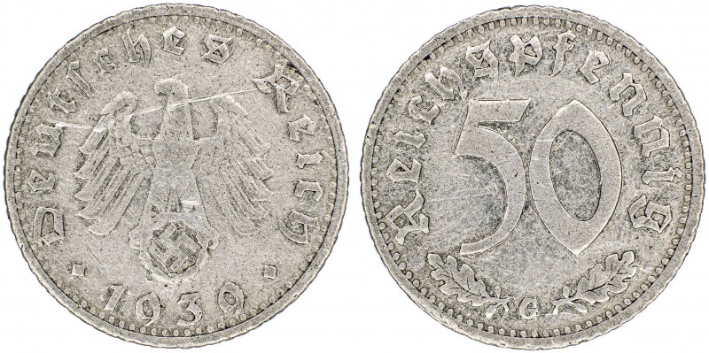 Alemania. 1939. G (Karlsruhe). 50 pfennig. (Kr. 96). Rayita. Escasa. AL. 1,34 g....