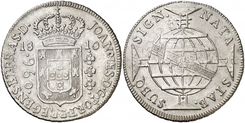 Brasil. 1810. Juan, Príncipe Regente. 960 reis. (Kr. 307). Acuñada sobre un real...