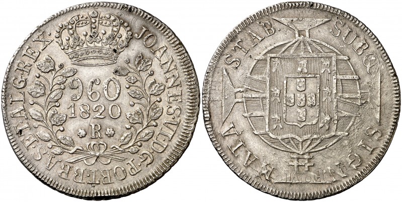 Brasil. 1820. Juan VI. R (Río). 960 reis. (Kr. 326.1). Acuñada sobre un real de ...