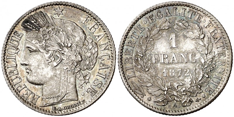 Francia. 1872. III República. A (París). 1 franco. (Kr. 822.1). Marca de ceca pe...