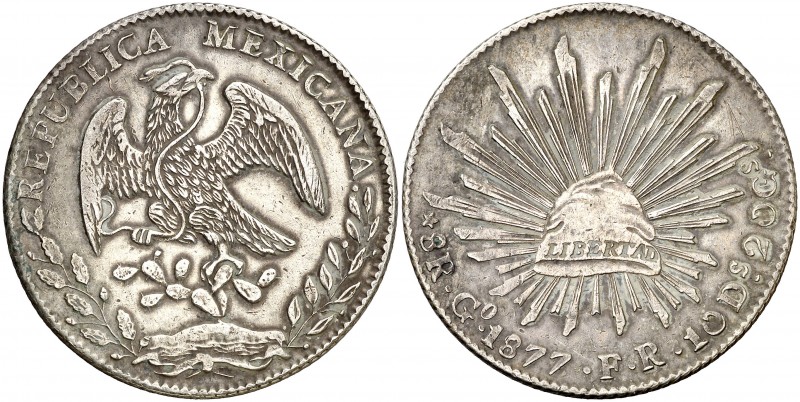 México. 1877. Gº (Guanajuato). FR. 8 reales. (Kr. 377.8). AG. 26,98 g. MBC+.