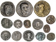 Lote formado por: 3 sestercios, 2 cuadrantes, 1 tetradracma de vellón y 8 bajos imperios. Total 14 monedas. A examinar. BC/MBC+.