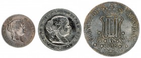 Isabel II. Lote de 3 monedas de cobre. A examinar. BC+/MBC-.