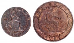 1870. Gobierno Provisional. Barcelona. OM. 1 y 2 céntimos. Lote de 2 monedas. A examinar. MBC+/EBC.