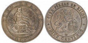 1870. Gobierno Provisional. Barcelona. OM. 10 céntimos. Lote de 2 monedas. A examinar. MBC-/MBC.
