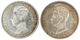 1904*04 y 1904*10. Alfonso XIII. 50 céntimos. Lote de 2 monedas. A examinar. MBC+/EBC.