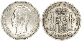 1871*1871. Amadeo I. SDM. 5 pesetas. Lote de 2 monedas. A examinar. BC/BC+.