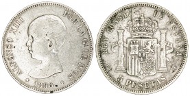 1890*--90. Alfonso XIII. 5 pesetas. Lote de 2 monedas. A examinar. BC/BC+.