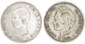 1892*1892. Alfonso XIII. PGM. 5 pesetas. Lote de 2 monedas distintas. A examinar. BC/MBC-.
