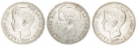 1896*1897 y 1898. Alfonso XIII. 5 pesetas. Lote de 3 monedas. A examinar. BC/MBC-.