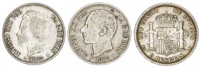 Alfonso XII y XIII. 5 pesetas. Lote de 3 monedas falsas de época. A examinar. BC/BC+.
