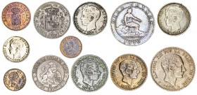Lote de 12 monedas del Centenario de la Peseta, tres en plata (una de 50 céntimos y dos de 1 peseta). A examinar. MBC-/MBC+.
