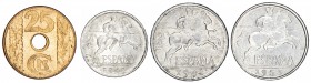 Lote de 5 y 10 céntimos año 1940, 1941, 1953 y 25 céntimos de 1938. Total 4 monedas. A examinar. EBC/S/C-.