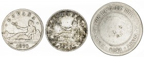 Lote de 3 monedas: 10 reales 1821 Madrid SR y dos de 2 pesetas 1870. A examinar. RC/BC.