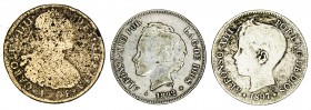 Lote de 3 monedas falsas de época: 8 reales Potosí 1801 (en bronce) y dos de 5 pesetas de 1892 y 1897 en plata. A examinar. BC/BC+.