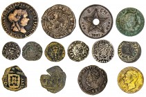 Lote de 14 monedas de cobre, la mayoría españolas. A examinar. BC-/MBC+.