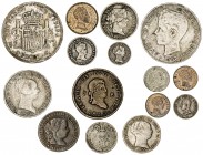 Lote de 15 monedas españolas, 8 en plata, dos de 5 pesetas falsas de época. A examinar. BC/EBC.