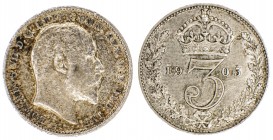 Gran Bretaña. 1902 a 1905. Eduardo VII. 3 peniques. Lote de 2 monedas. A examinar. EBC-/EBC.