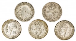 Gran Bretaña. 1915 a 1919. Jorge V. 3 peniques. Lote de 5 monedas. A examinar. MBC/EBC.