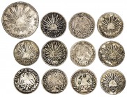 México. 1828 a 1882. 2 (11) y 8 reales. Lote de 12 monedas, todas diferentes, una con perforación. A examinar. BC/MBC.