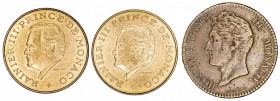 Mónaco. 1837, 1974 y 1975. 5 céntimos y 10 francos (dos). Lote de 3 monedas en bronce. A examinar. MBC-/EBC.