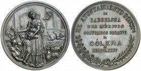 1885. Barcelona. El Ayuntamiento, por los méritos contraídos durante el cólera. Medalla. (Cru.Medalles 728a). Cobre. 89,68 g. Ø54 mm. EBC.