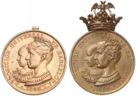 1888. Barcelona. Exposición Universal. (Cru.Medalles 760) (V. 857). Grabadores: J. Solà, E. Arnau y Castells. Lote de 2 medallas, una con corona y ani...