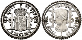 Conversión en medalla de 5 pesetas de Alfonso XIII, tipo "pelón". Con broche, pasador y orla. Plata. 18,52 g. Ø41 mm. MBC.