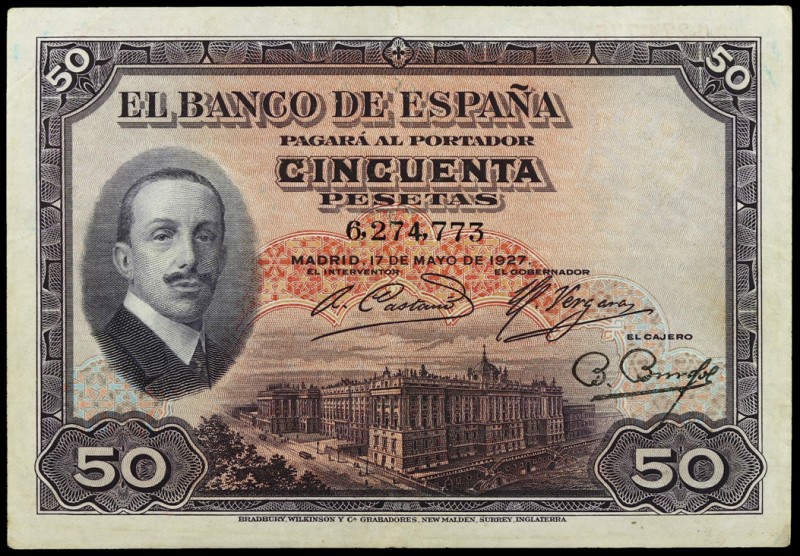 1927. 50 pesetas. (Ed. BD7) (Ed. 406A). 17 de mayo, Alfonso XIII. Doble sello en...