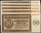 1936. Burgos. 50 pesetas. (Ed. D21a) (Ed. 420a). 21 de noviembre. 5 billetes, series: O, P, Q (dos) y S. BC/MBC-.