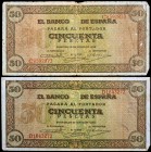 1938. Burgos. 50 pesetas. (Ed. D32a) (Ed. 431a). 20 de mayo. 2 billetes, series: C y D. BC/MBC-.