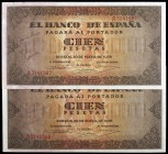 1938. Burgos. 100 pesetas. (Ed. D33) (Ed. 432). 20 de mayo. Pareja correlativa, serie A. Leve doblez. Buenos ejemplares, con apresto. EBC+.