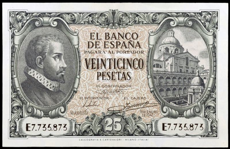 1940. 25 pesetas. (Ed. D37a) (Ed. 436a). 9 de enero, Juan de Herrera. Serie E. D...