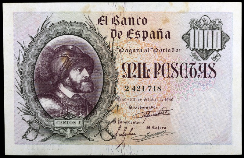 1940. 1000 pesetas. (Ed. D46) (Ed. 445). 21 de octubre, Carlos I. Manchitas. Lev...