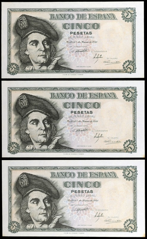 1948. 5 pesetas. (Ed. D56a) (Ed. 455a). 5 de marzo, Elcano. Trío correlativo, se...
