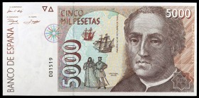 1992. 5000 pesetas. (Ed. E10) (Ed. 484). 12 de octubre, Colón. Sin serie. Numeración muy baja: 001519. S/C.