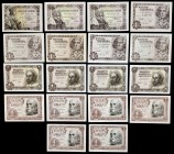 Lote de 18 billetes de 1 peseta de 1943 (dos), 1945, 1948 (cinco), 1951 (cuatro) y 1953 (seis), varios correlativos. A examinar. EBC+/S/C.