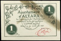 Alfara. 1 peseta. (T. 119b). Roto y pegado. Raro. (MBC-).