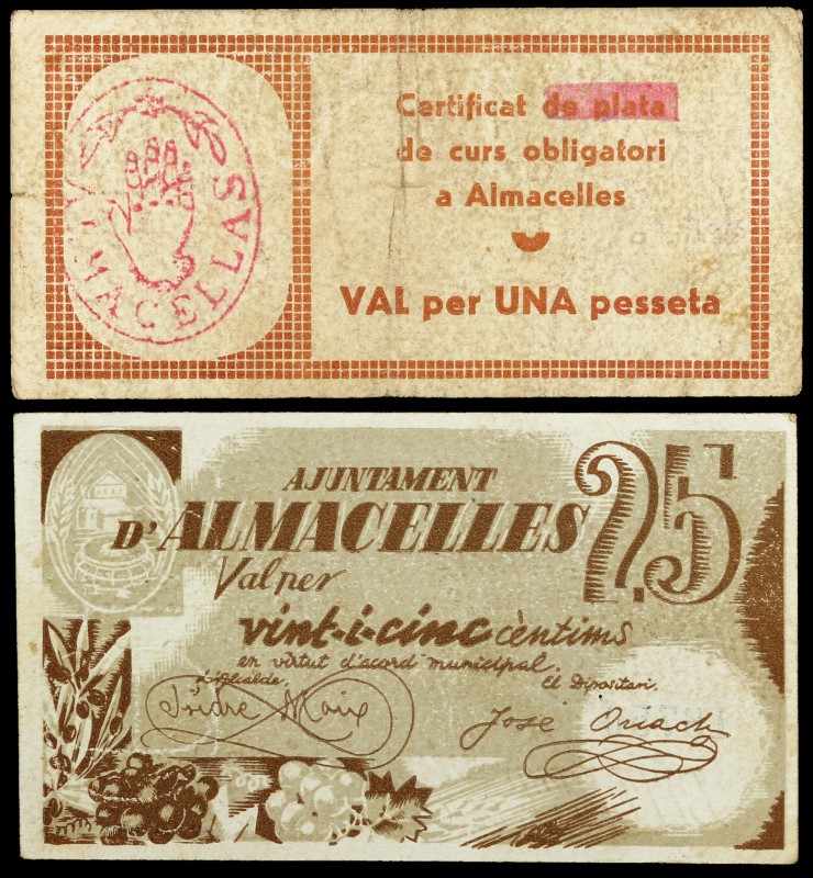 Almacelles. 25 céntimos y 1 peseta. (T. 151k y 155). 2 billetes. MBC-/MBC+.