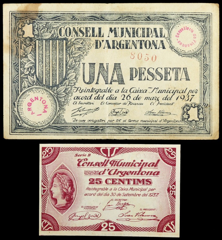 Argentona. 25 céntimos y 1 peseta. (T. 260 y 261). 2 billetes, todos los de la l...