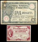 Argentona. 25 céntimos y 1 peseta. (T. 260 y 261). 2 billetes, todos los de la localidad. BC+/EBC.