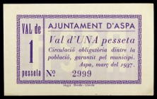 Aspa. 1 peseta. (T. 304). Único billete de la localidad. MBC+.