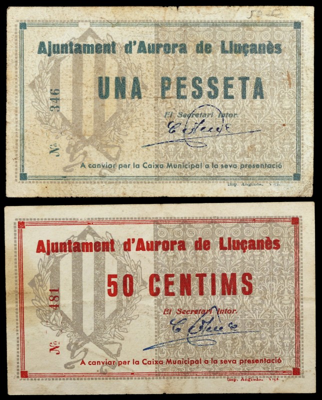 Aurora de Lluçanès. 50 céntimos y 1 peseta. (T. 305 y 306). 2 billetes, todos lo...